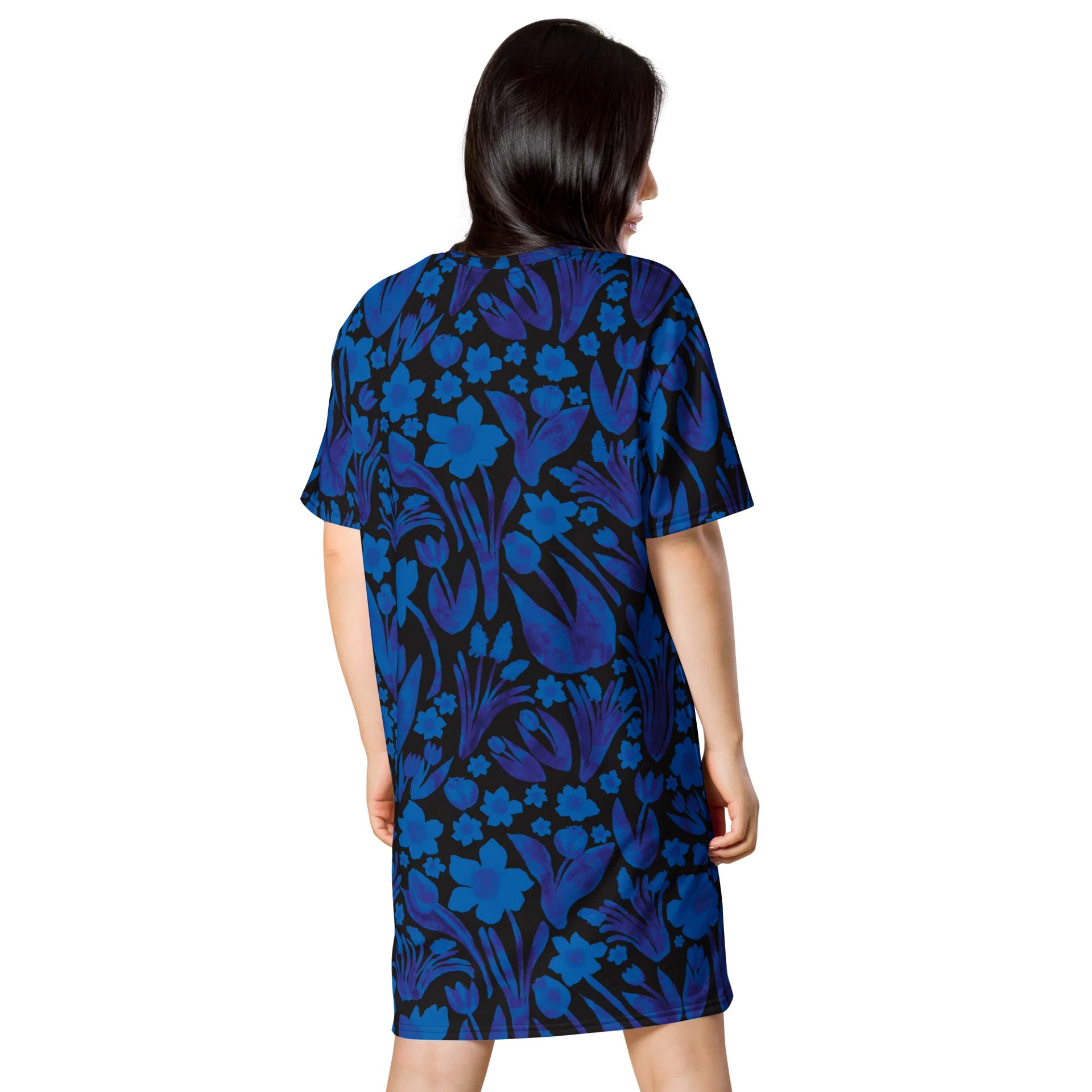 Spring Garden | Royal Blue Florals on Black | T-Shirt Dress by Monique Faella Designs™ product image (2)