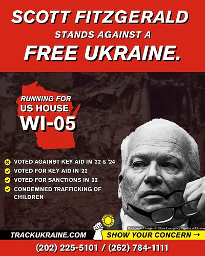 Congressman Scott Fitzgerald has voted against multiple vital aid packages to help Ukraine's self defense. No statements on t...