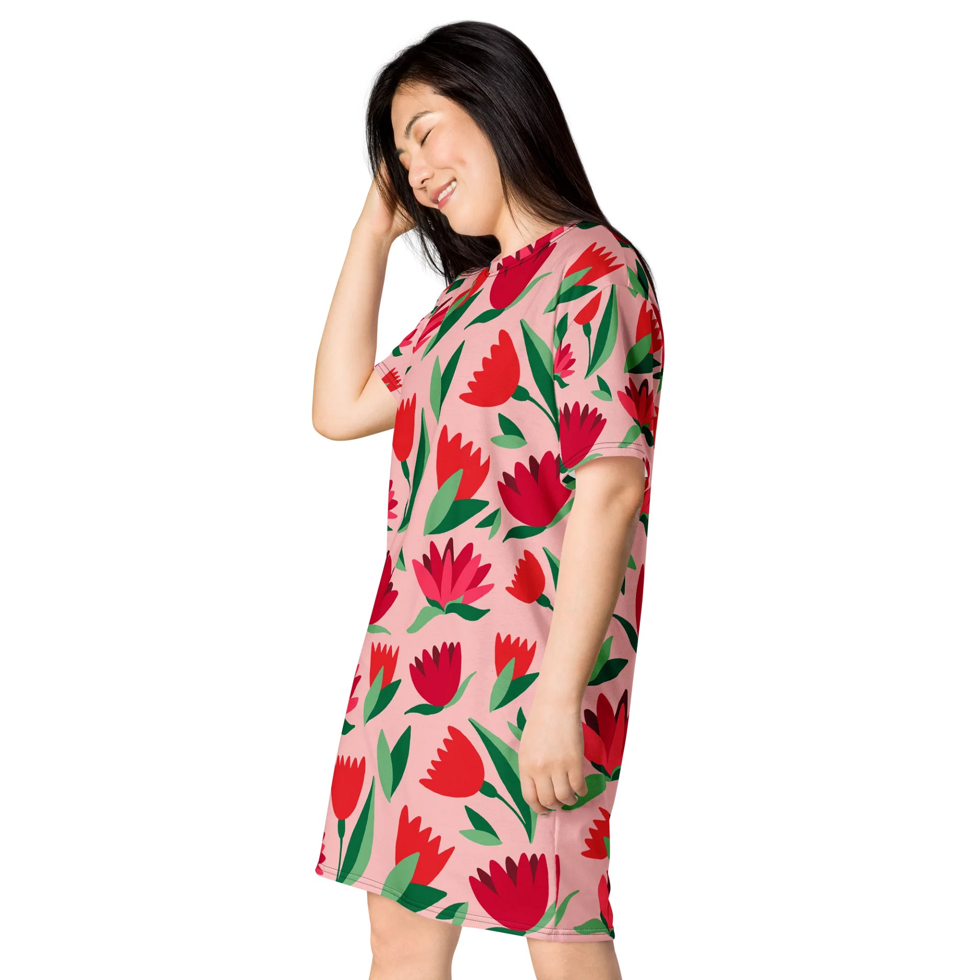 Vibrant Pink Floral T-Shirt Dress - Oversized Trendy Design | TDSMUSIC.com product image (3)