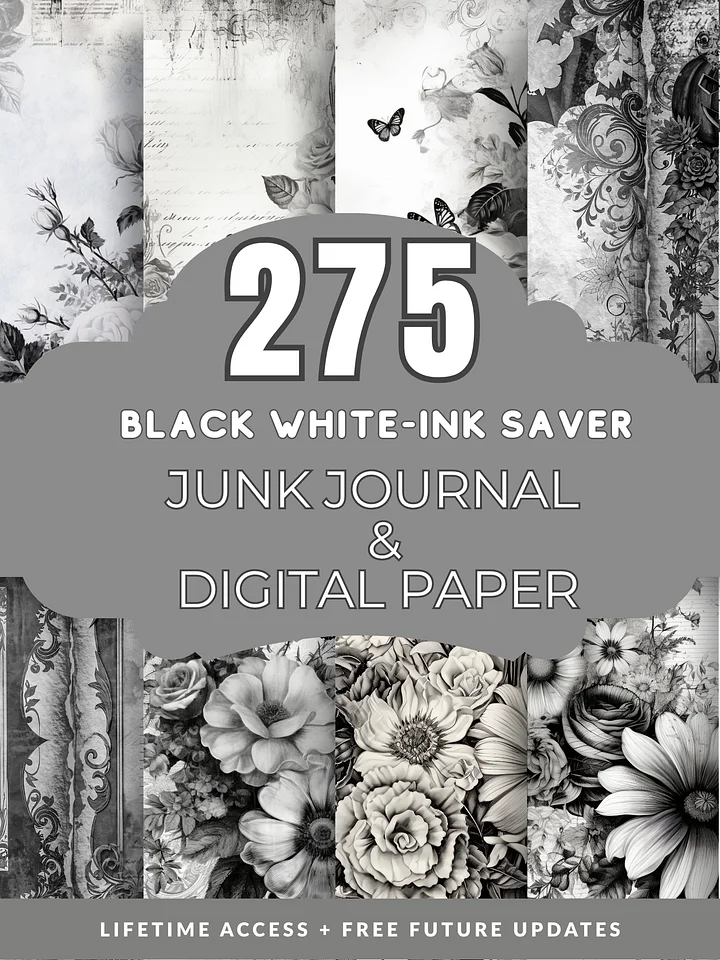 Black White Digital Paper Pack Ink Saver Junk Journal Pages product image (1)