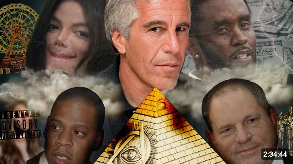A youtube thumbnail from Tee Noire, it is a collage of alleged predators MJ, Epstein, Jay Z, Weinstein and Sean Combs.