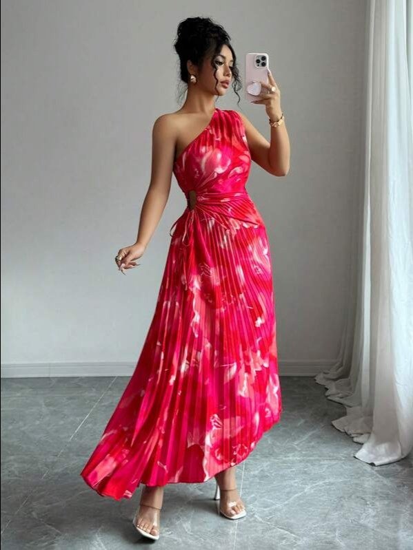 Red Asymmetric Floral Cutout High Waist Midi Dress | ADLEST product image (1)