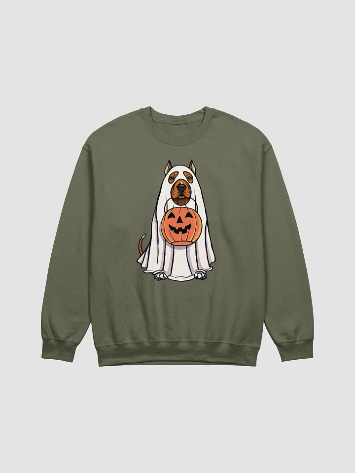 Funny Halloween Pitbull Terrier(Cropped Ears, Red) Sweatshirt | Funny Pittie Wearing a Ghost Costume and Holding a Pumpkin Basket product image (1)