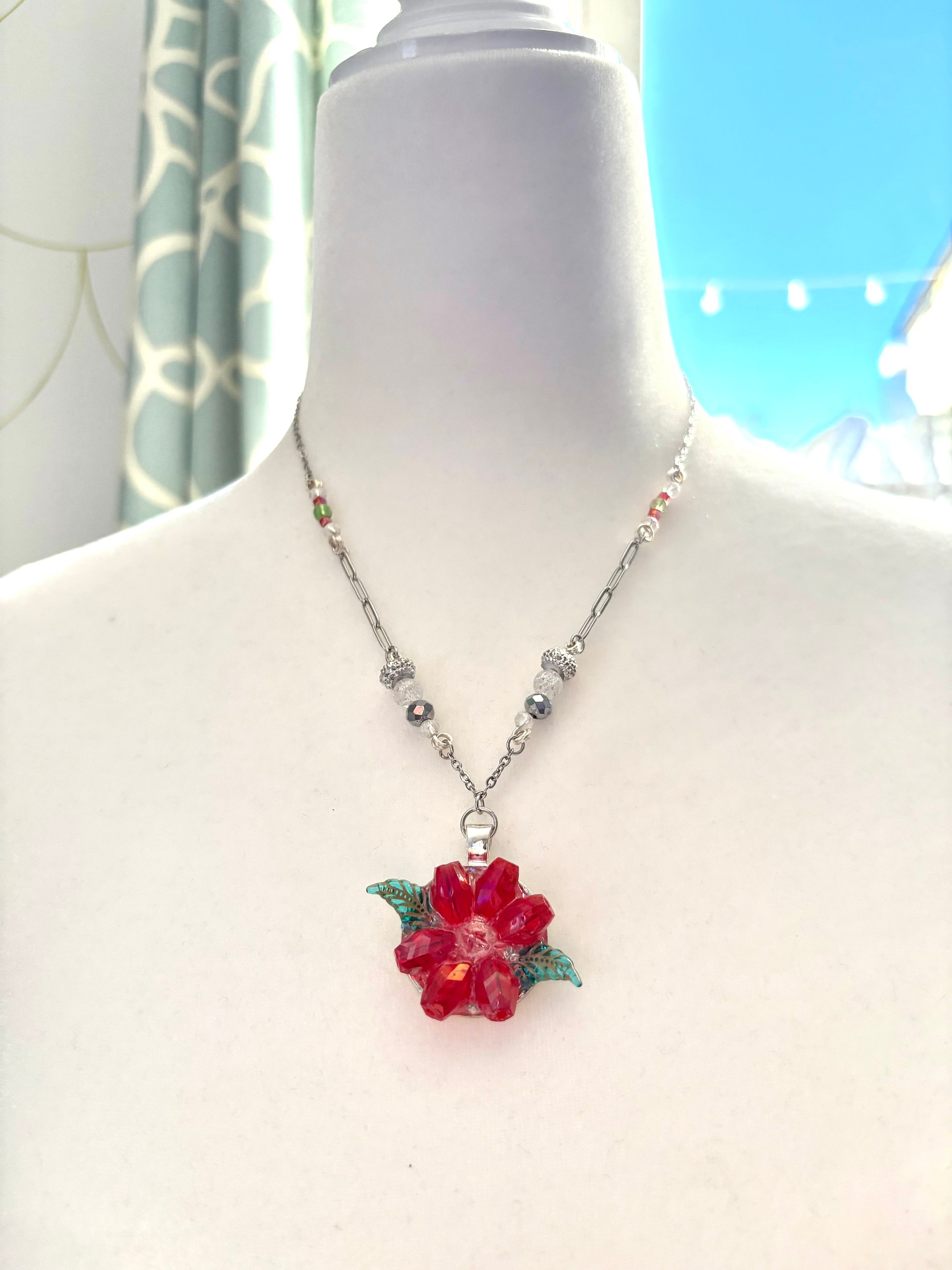MFD-00282 | Poinsettia Pendant Necklace with Stainless Steel Cable Chain and Paperclip Chain | Handmade Jewelry by Monique Faella Designs™ product image (1)