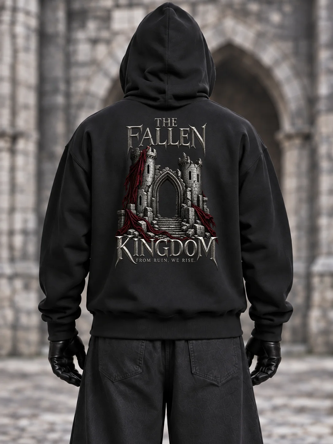 The Fallen Kingdom Hoodie – Silver Castle & Crimson Banner Dark Fantasy Design product image (1)