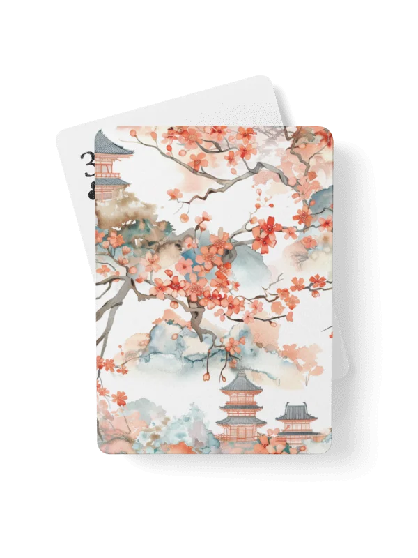 Japanese Pagoda Landscape Playing Cards | Watercolor Cherry Blossom Poker Deck product image (1)