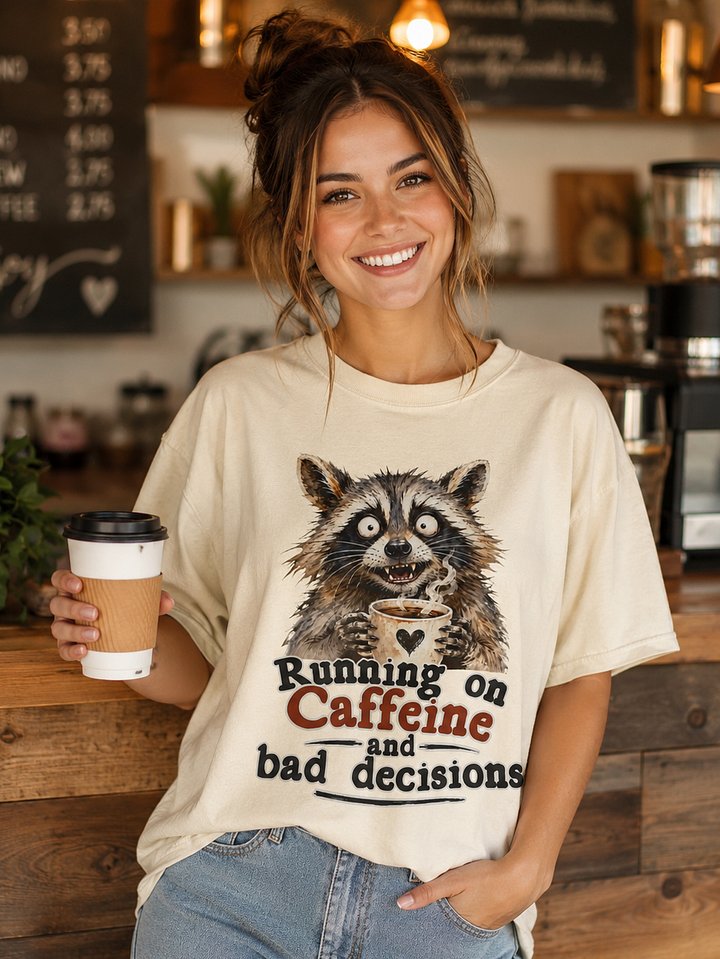Running on Caffeine and Bad Decisions Raccoon T-Shirt product image (1)