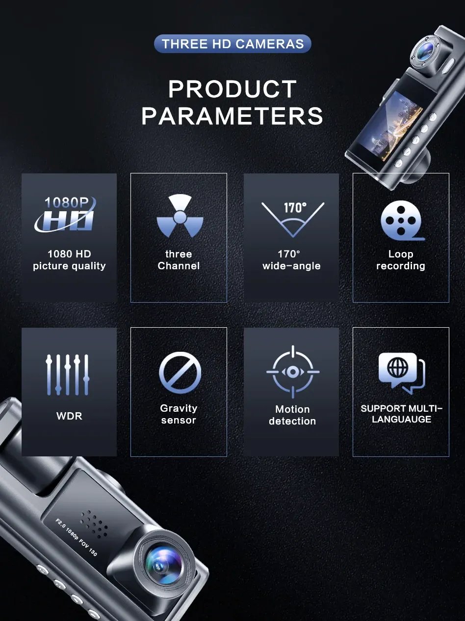 3 Way Dash Camera WithNight Vision Loop Recording with 32GB Memory Card product image (7)