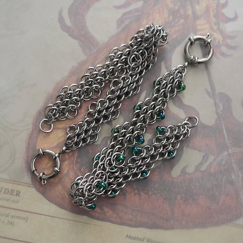 a new chainmaille bracelet design has landed! made with the dragonscale weave in stainless steel, it's woven in angular steps...