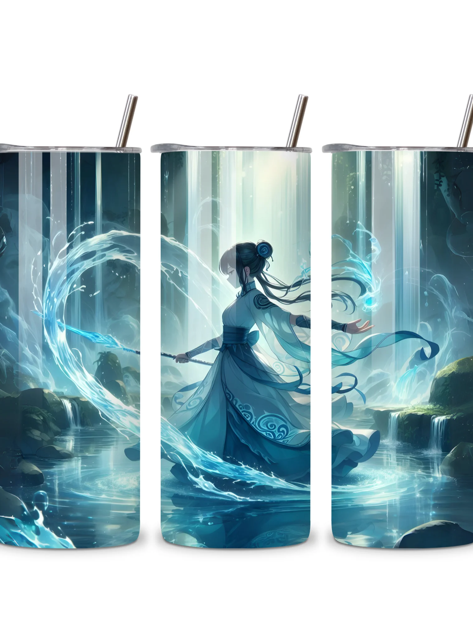 Elemental Anime Girl 20oz Skinny Tumblers with Metal Straws – Fire, Water, Earth, and Wind Designs – Double-Walled Insulated Stainless Steel Tumbler, Gift for Anime Fans and Nature Lovers (Water) product image (4)