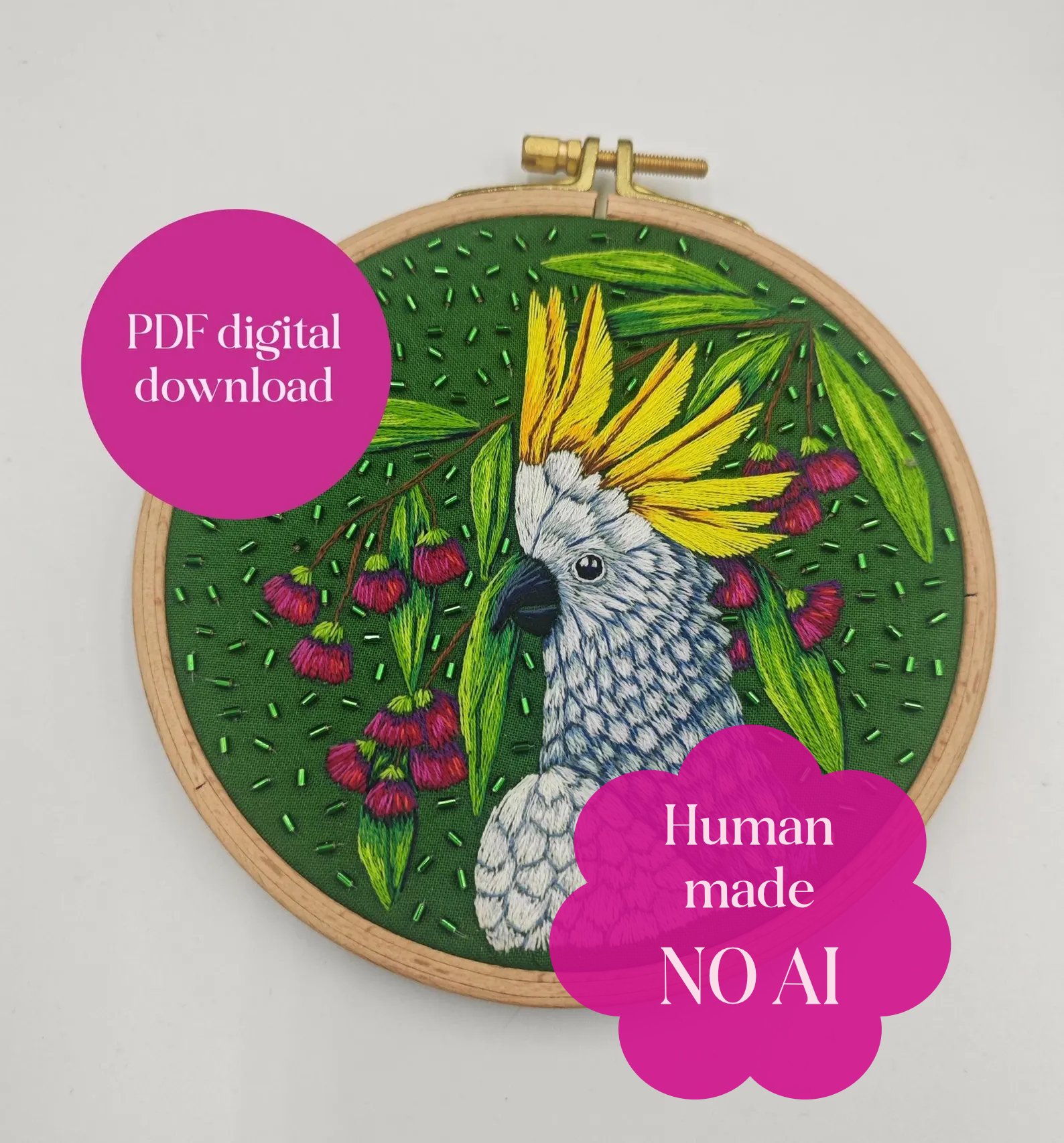 PDF hand embroidery tutorial, cockatoo pattern, parrot DIY art product image (1)