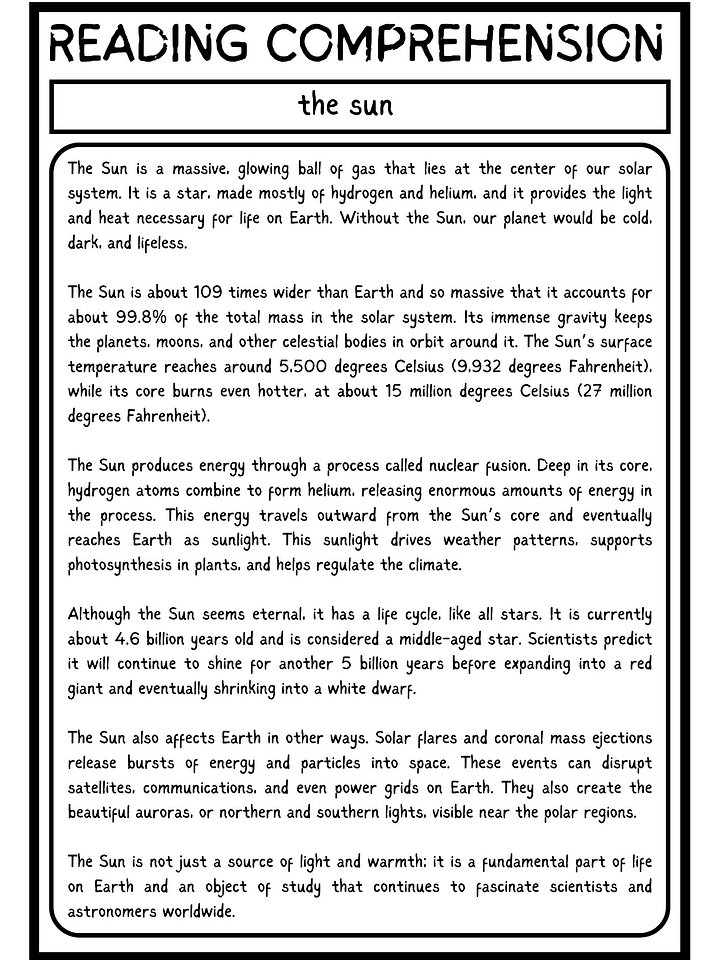 THE SUN READING COMPREHENSION PDF product image (2)