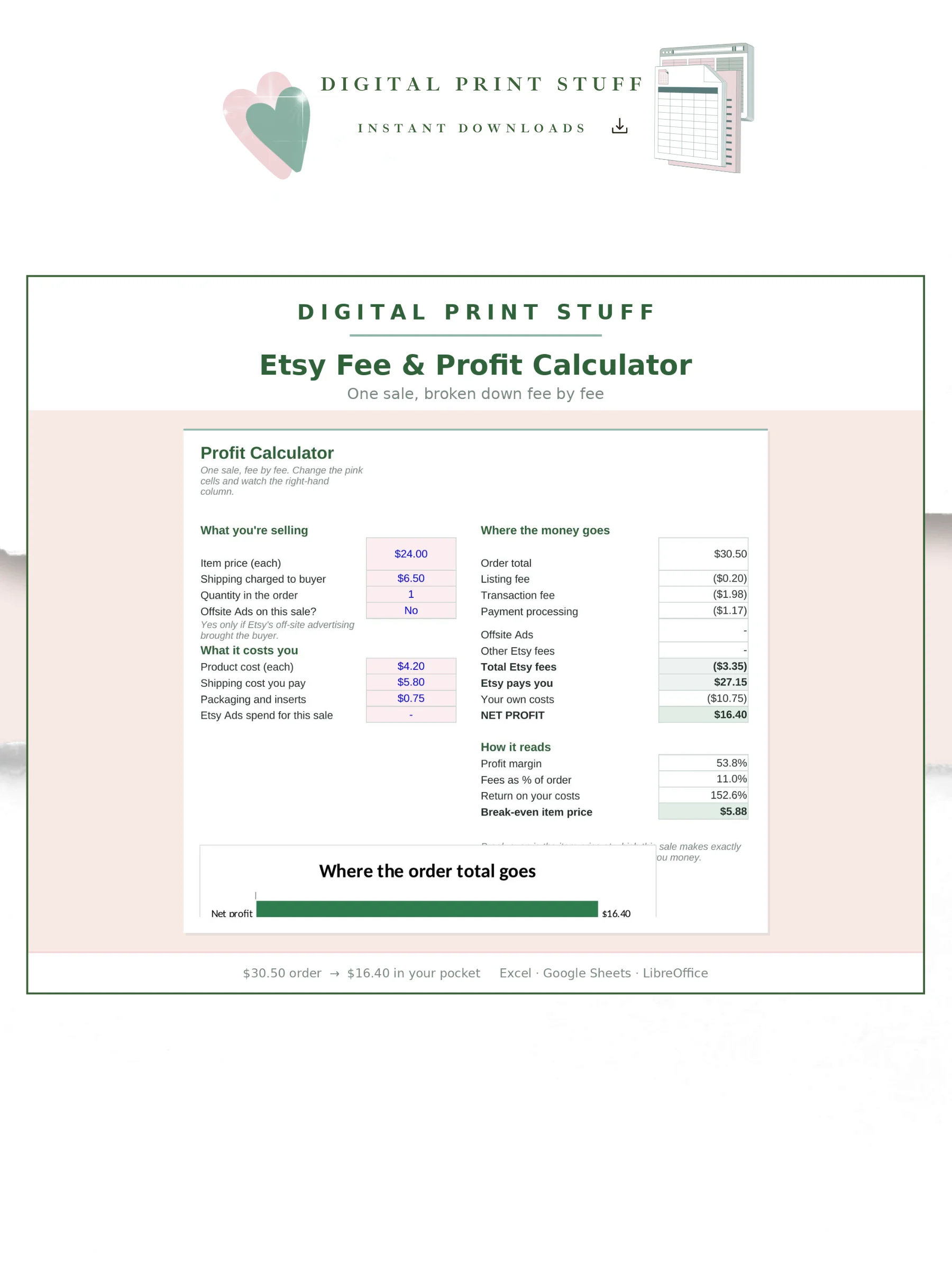 Etsy Fee Calculator Spreadsheet | Profit & Pricing Tool for Etsy Sellers | Excel & Google Sheets | Instant Downloadew Digital Product product image (1)