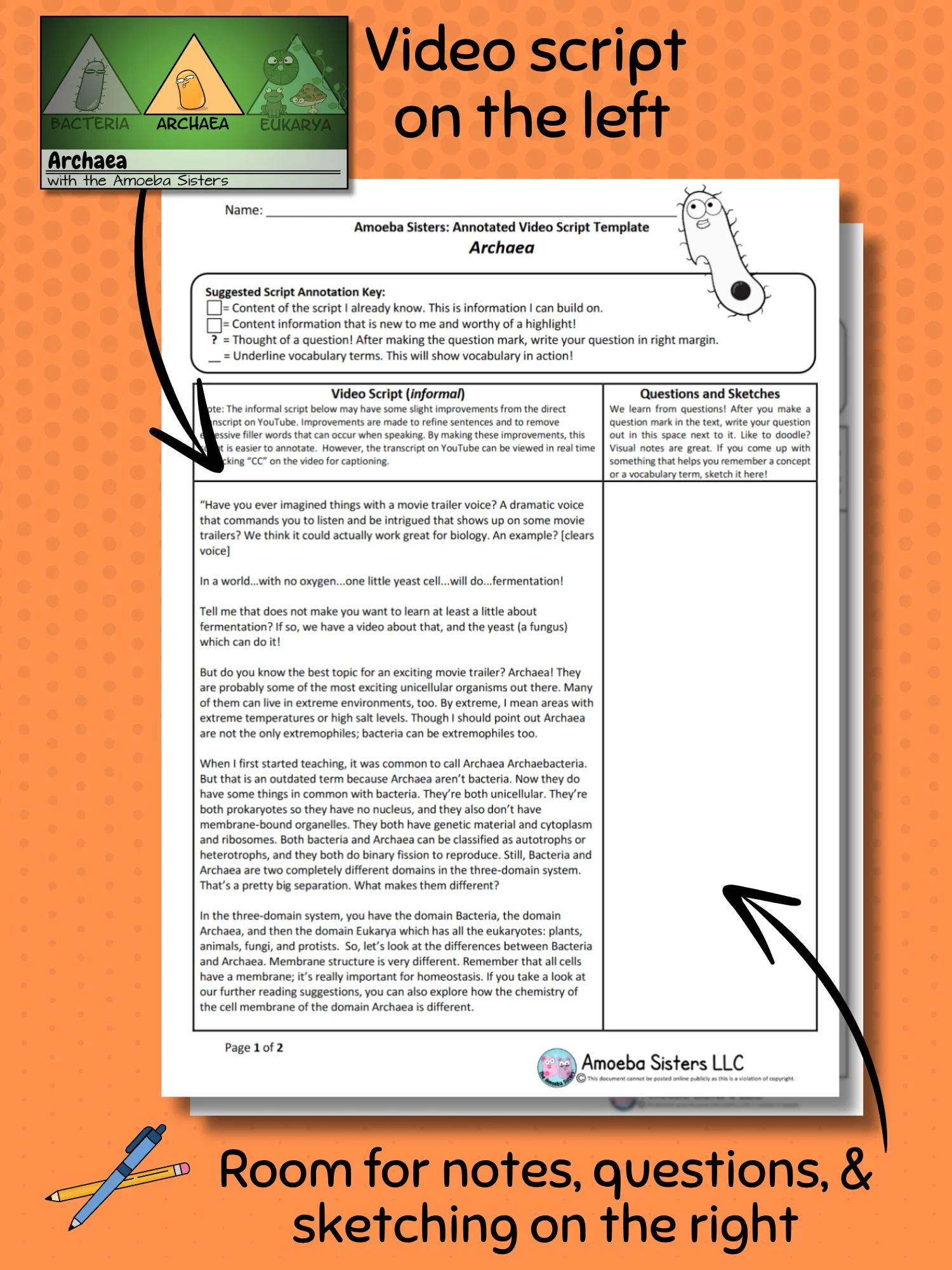 Amoeba Sisters Archaea Annotated Video Script Template product image (2)