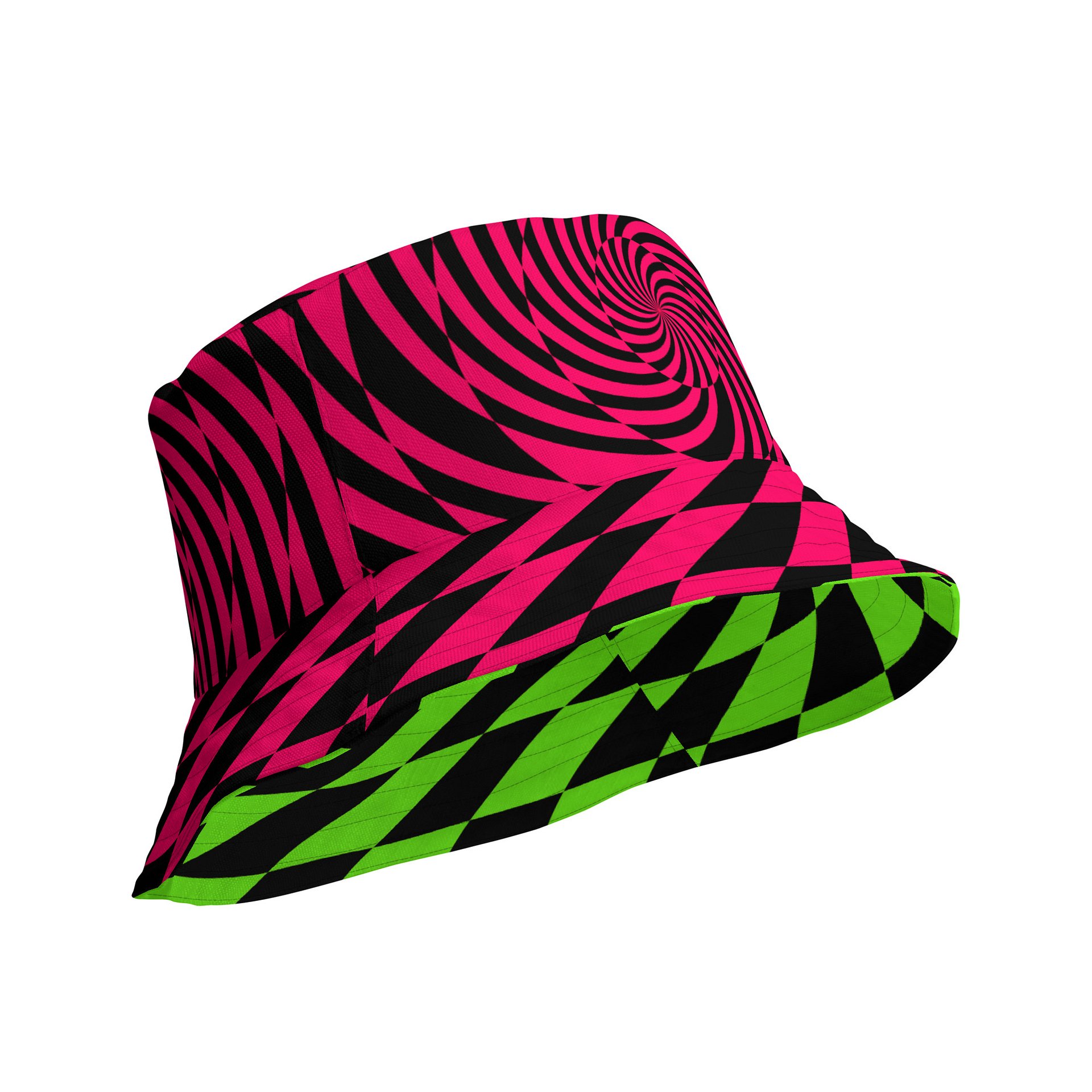 Psychedelic Spirals Rave Reversible Bucket Hat, Trippy EDM Festival Accessory, Black Neon Green Pink Checkers Techno Dance Party Fashion product image (1)