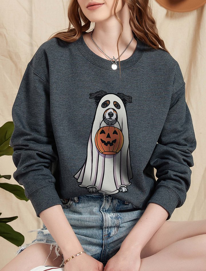 Funny Halloween Australian Shepherd(Tricolor) Sweatshirt | Funny Aussie Wearing a Ghost Costume and Holding a Pumpkin Basket product image (2)