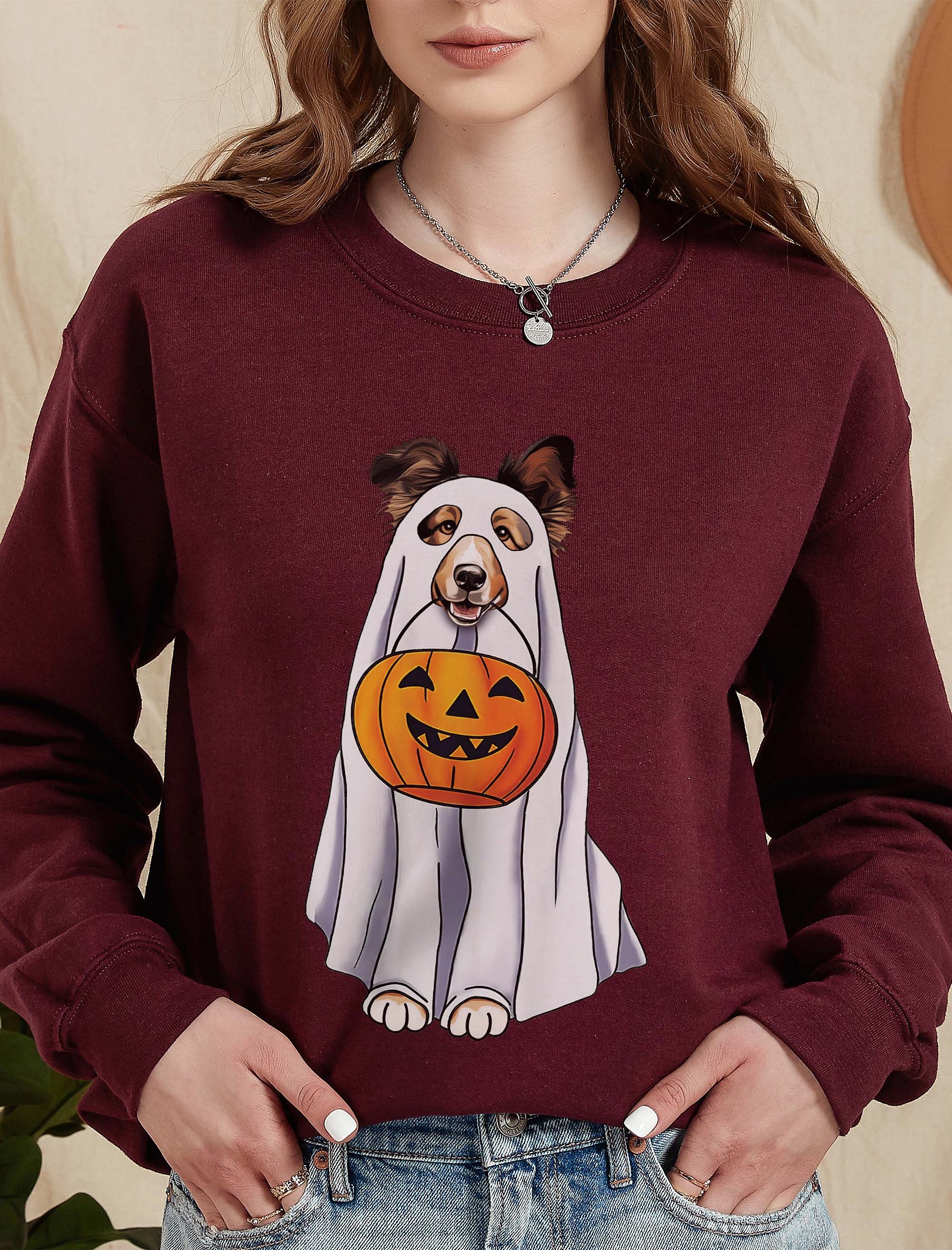 Shetland Sheepdog Halloween Sweatshirt | Funny Halloween Sheltie/Rough Collie Wearing Ghost Costume w/ Pumpkin Basket product image (2)