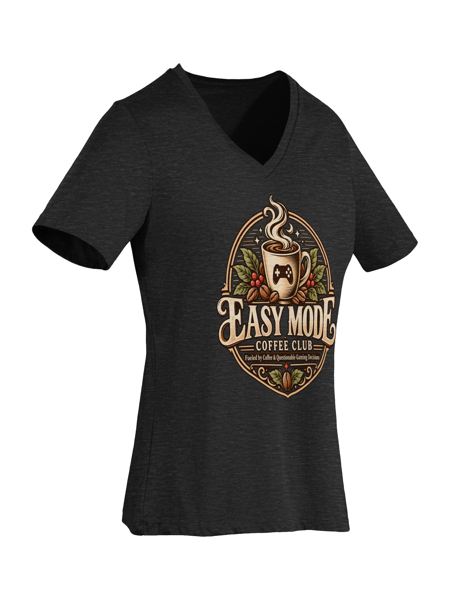 Easy Mode Coffee Club Women’s Relaxed V-Neck Tee – Dark Gray Heather product image (9)