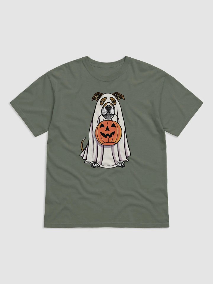 Funny Halloween Pitbull Terrier(Brindle) T-Shirt | Funny Pittie Wearing a Ghost Costume and Holding a Pumpkin Basket product image (1)