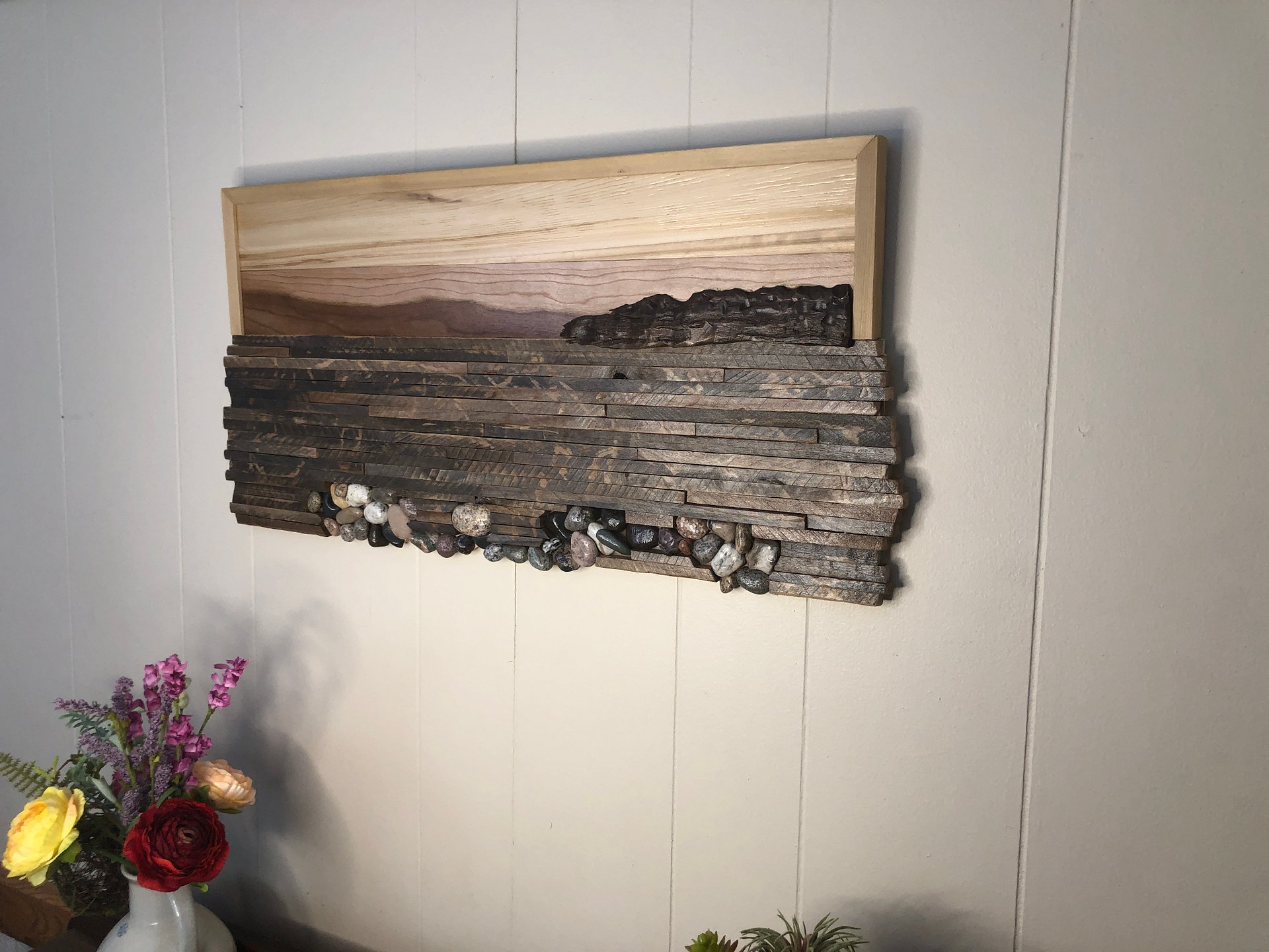 OOAK- Abstract Landscape in cedar, cherry, reclaimed pallet boards, and Lake Superior rocks 25" wide x 12" high product image (6)