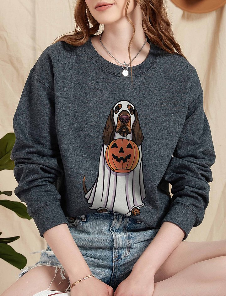Funny Halloween Bloodhound(Brown & Tan) Sweatshirt | Funny Bloodhound Wearing a Ghost Costume and Holding a Pumpkin Basket product image (2)