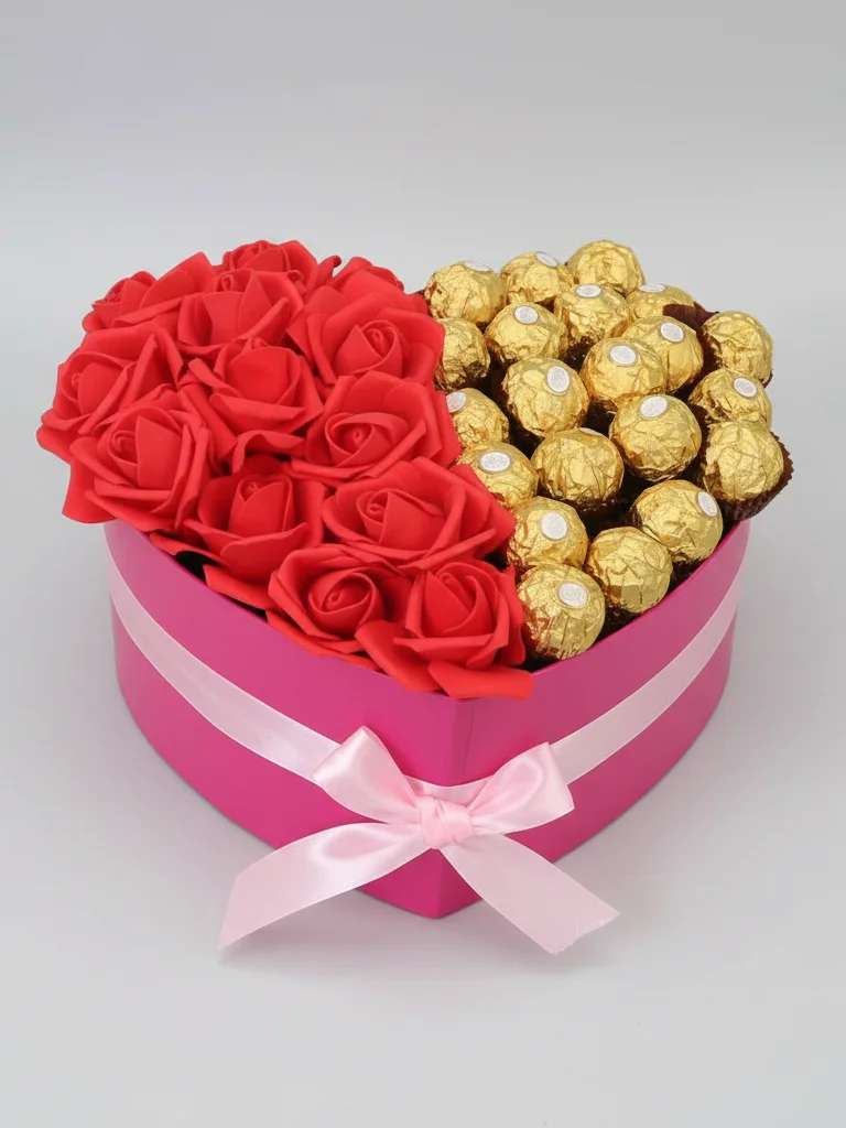 Romantic Chocolate Heart Box for Her – Red Roses & Ferrero Rocher Chocolates product image (1)