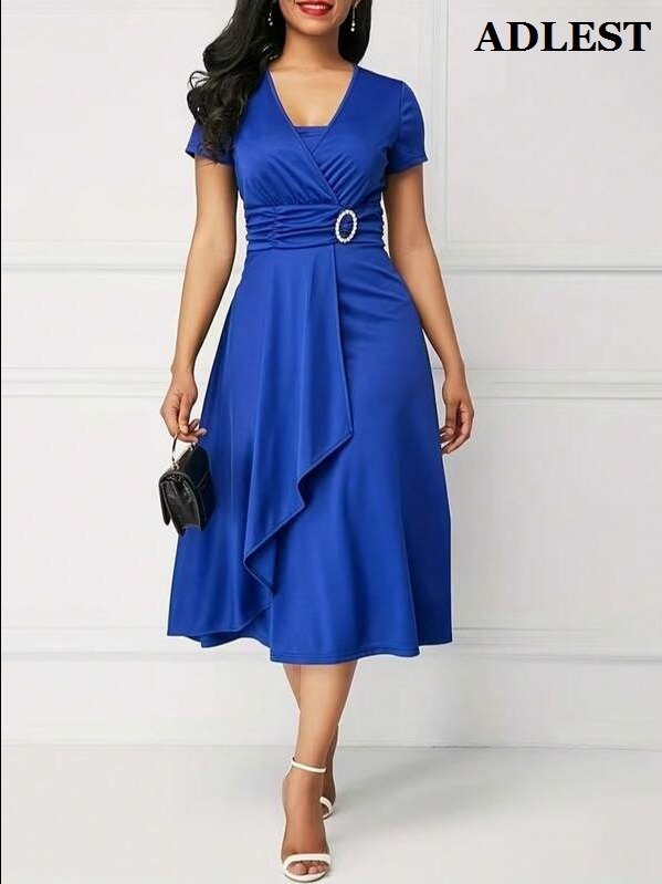 ADLEST Elegant Ruched V-Neck Black Mini Dress - Boho Style Short Sleeve Fitted Party Wear product image (3)