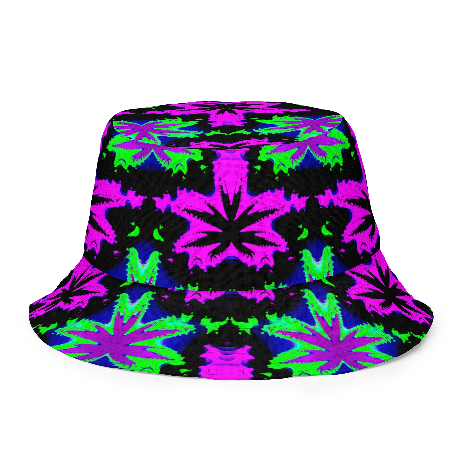 Psychedelic Stoner Raver Reversible Bucket Hat, Weird Weed Leaf 420 Festival Fashion Accessory, Kaleidoscope Star Trippy Cannabis Art product image (6)