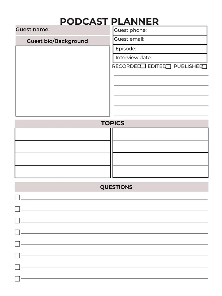 “Podcasting with Purpose: A Complete Planner” “The Podcaster’s Playbook” “Mic Check: Podcast Planner & Tracker” product image (1)