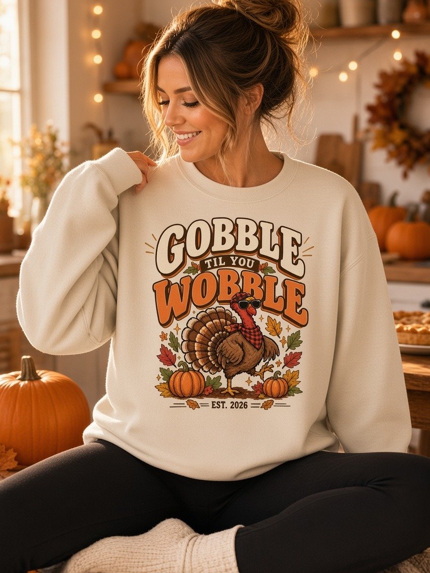 Gobble Til You Wobble Thanksgiving Sweatshirt | Cozy Autumn Crewneck product image (1)