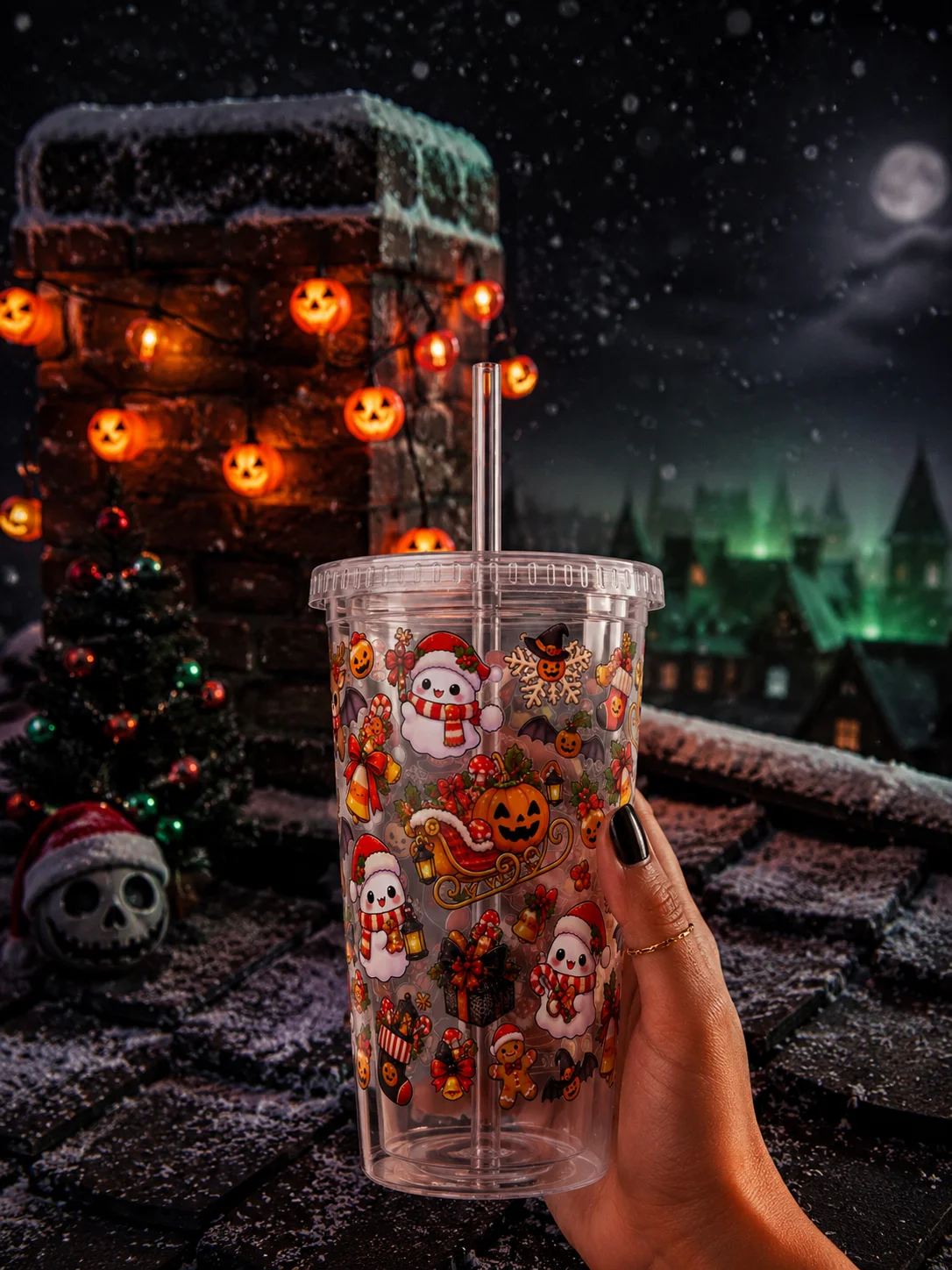 Santa's Spooky Sleigh Clear Dual Wall Tumbler 16 Oz (473 ml) product image (1)
