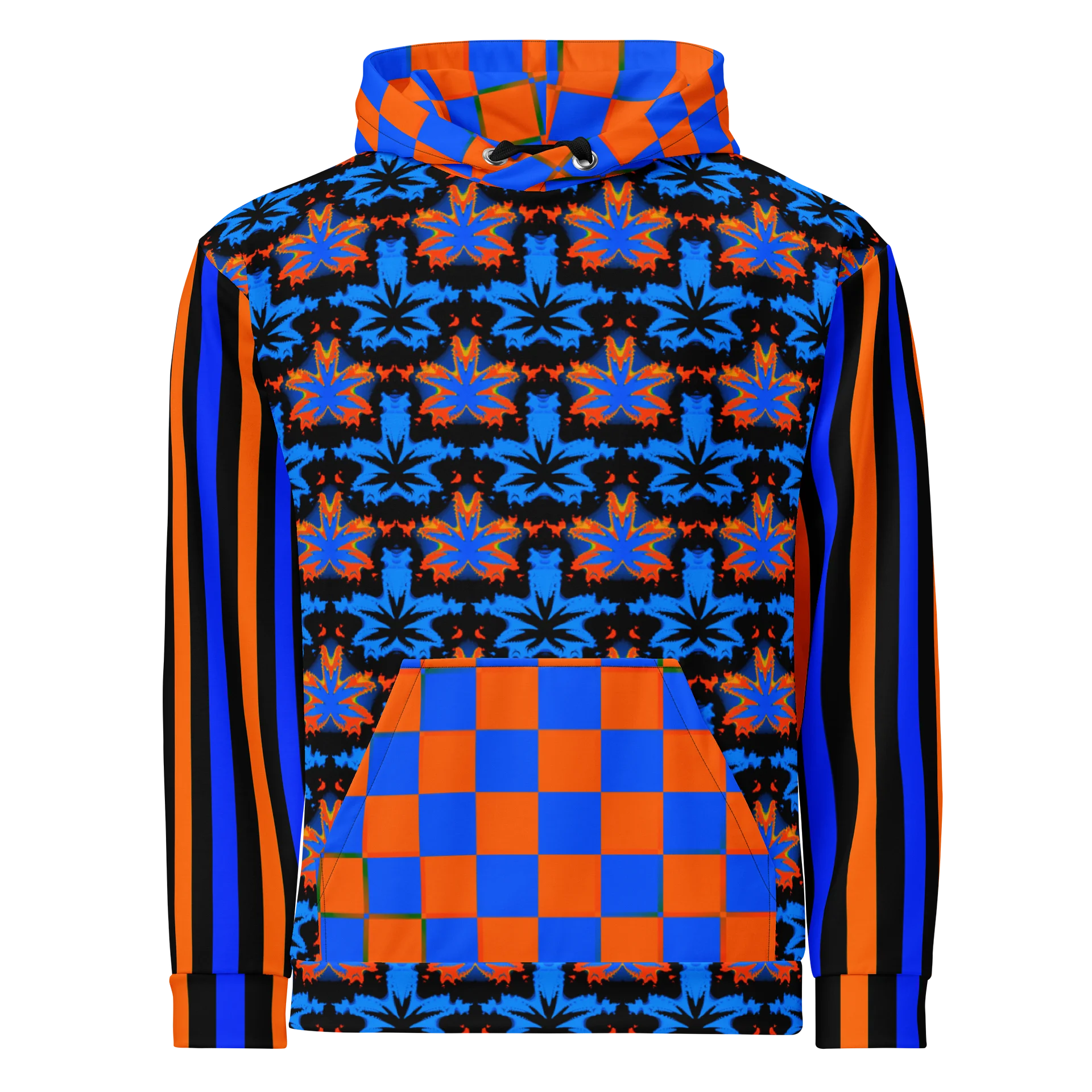 Blue Orange Black Cannabis Art 420 Hoodie, Checker Circus Stripe Clowncore Fashion, Weed Leaf Fall Festival Wear, Retro Rave Stoner Clothing product image (4)