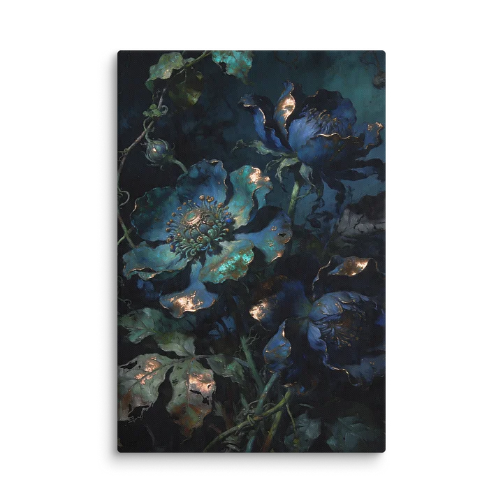 Midnight Blue Peonies | Dark Botanical Oil Painting Print | Gold Leaf Floral Canvas Art | Moody Maximalist Wall Decor | Dutch Master Floral Art Print product image (1)