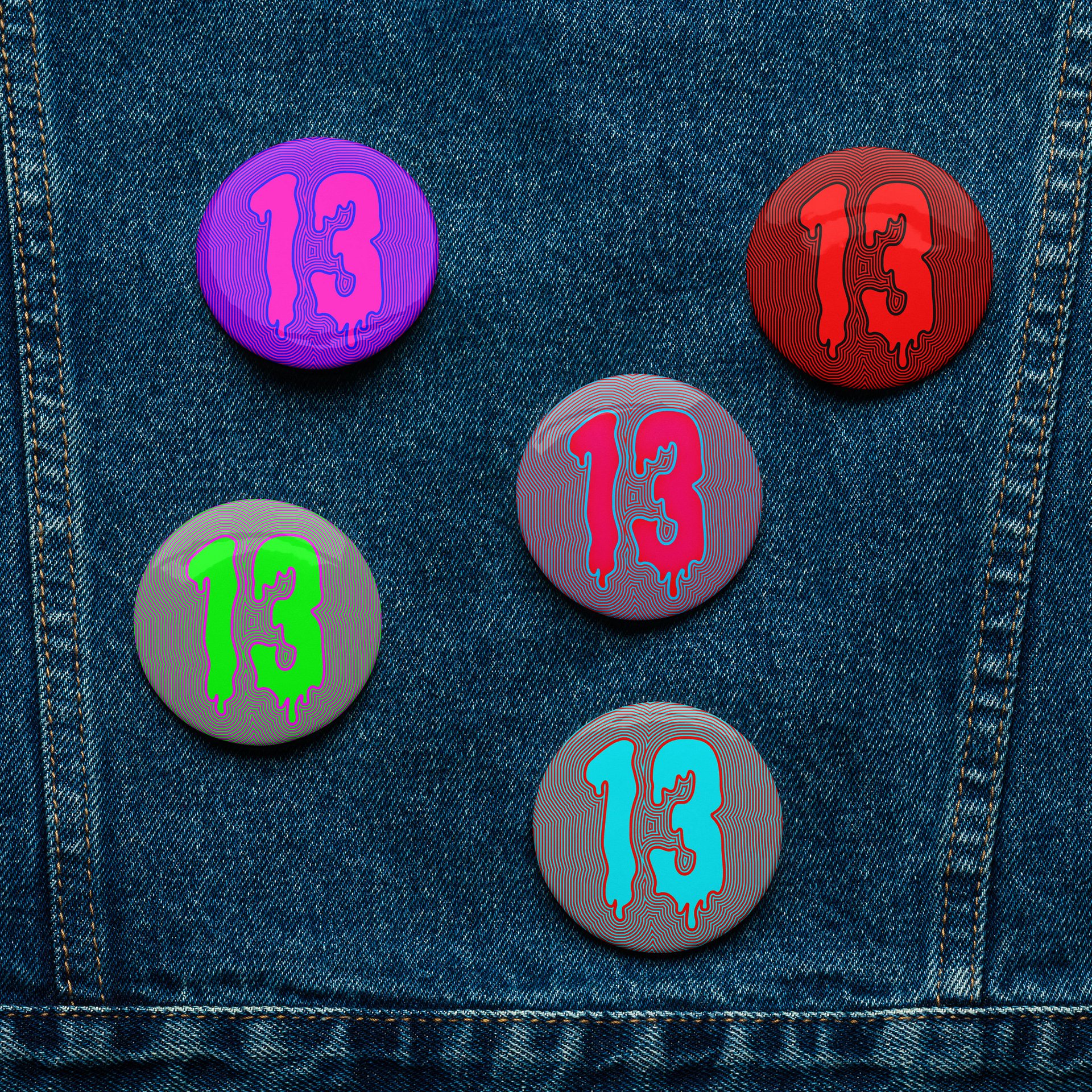 Happy Friday the 13th Psychedelic Pins, Trippy Thirteen Art, Horror Lover Accessories, Creepy Dripping Design Odd Pin Button Set product image (4)