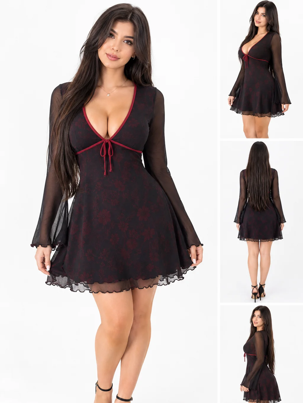 ADLEST EZwear Plus Size Women Floral Print Lace Trim Mesh Long Sleeve Dress, Autumn/Winter Autumn Dress Fall product image (2)