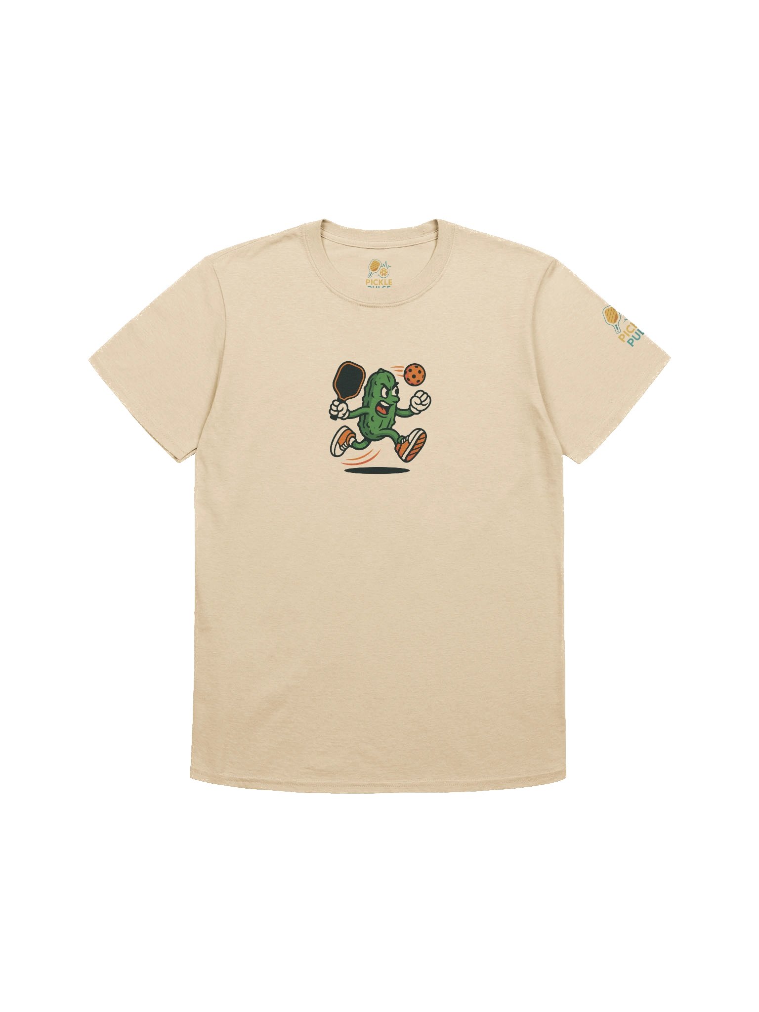 Pickleball Power Pickle T-Shirt – Sand Color Funny Unisex Tee with Animated Pickleball Smash Design product image (1)