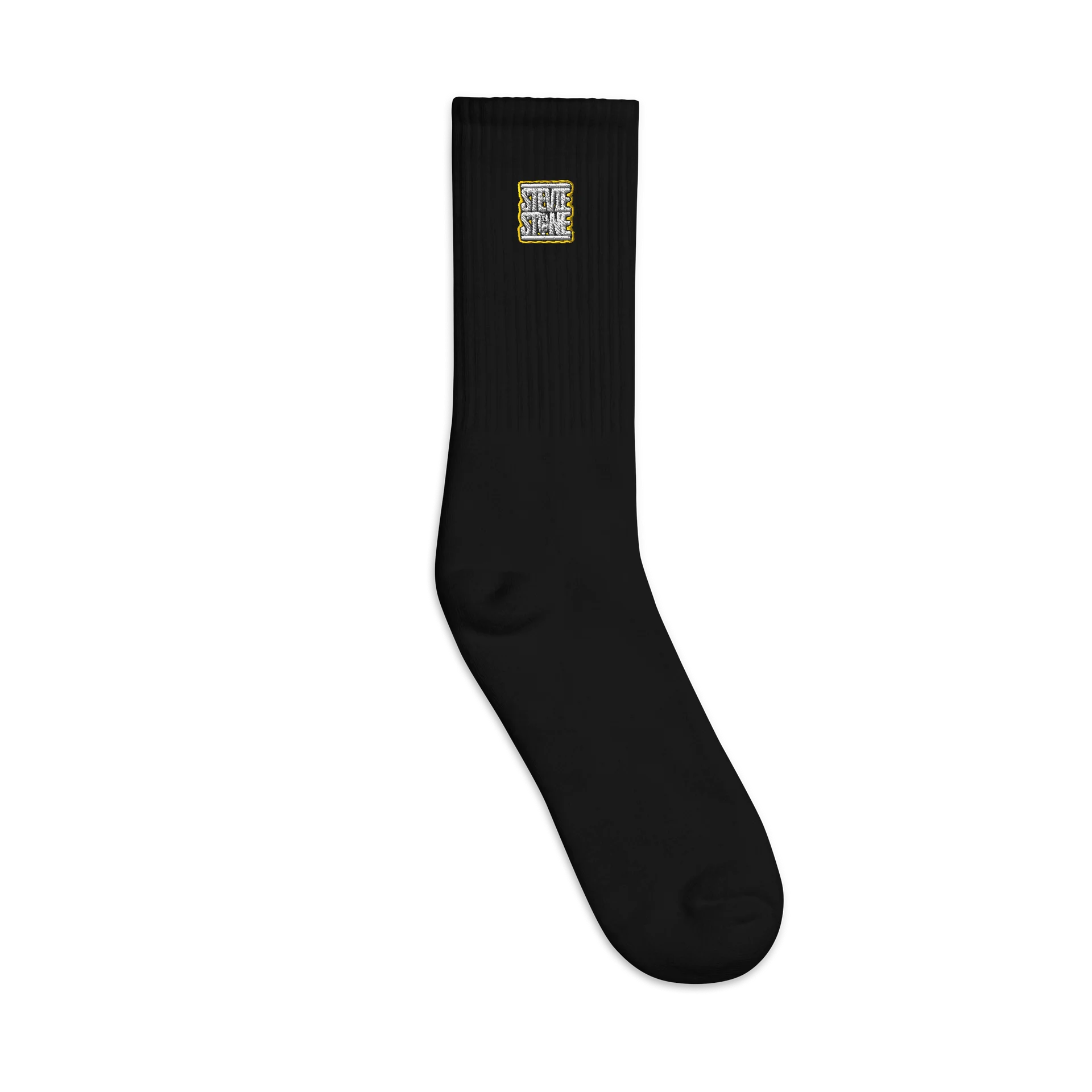 Stevie Stone Signature Embroidered Crew Socks – White & Yellow on Black