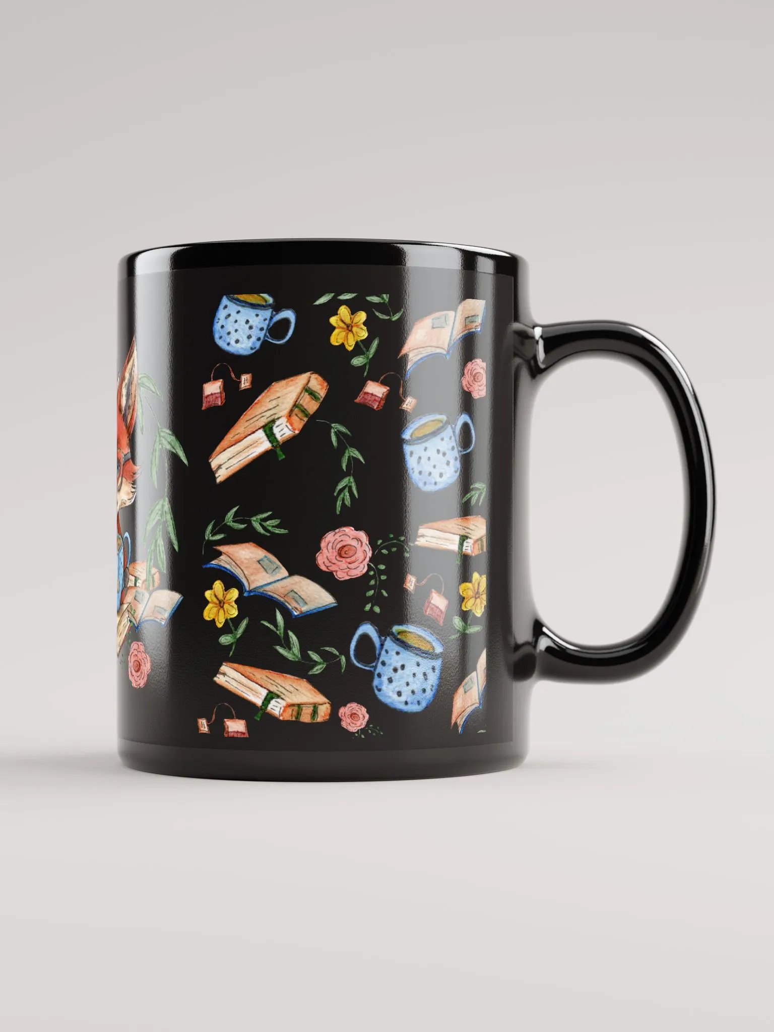 Tea Time Fox Black Mug product image (2)