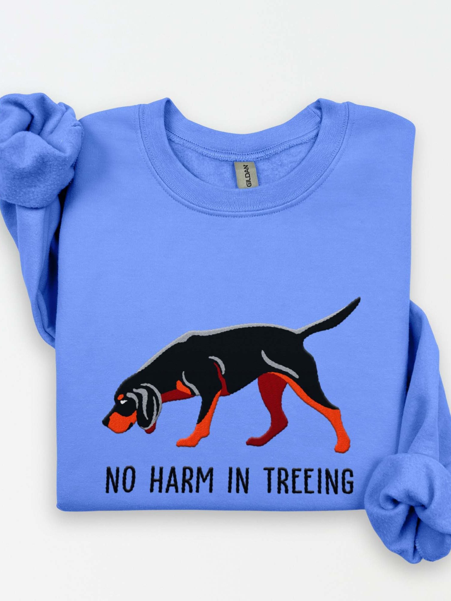 No Harm in Treeing Sweatshirt (Embroidered) of a Black & Tan Coonhound product image (1)