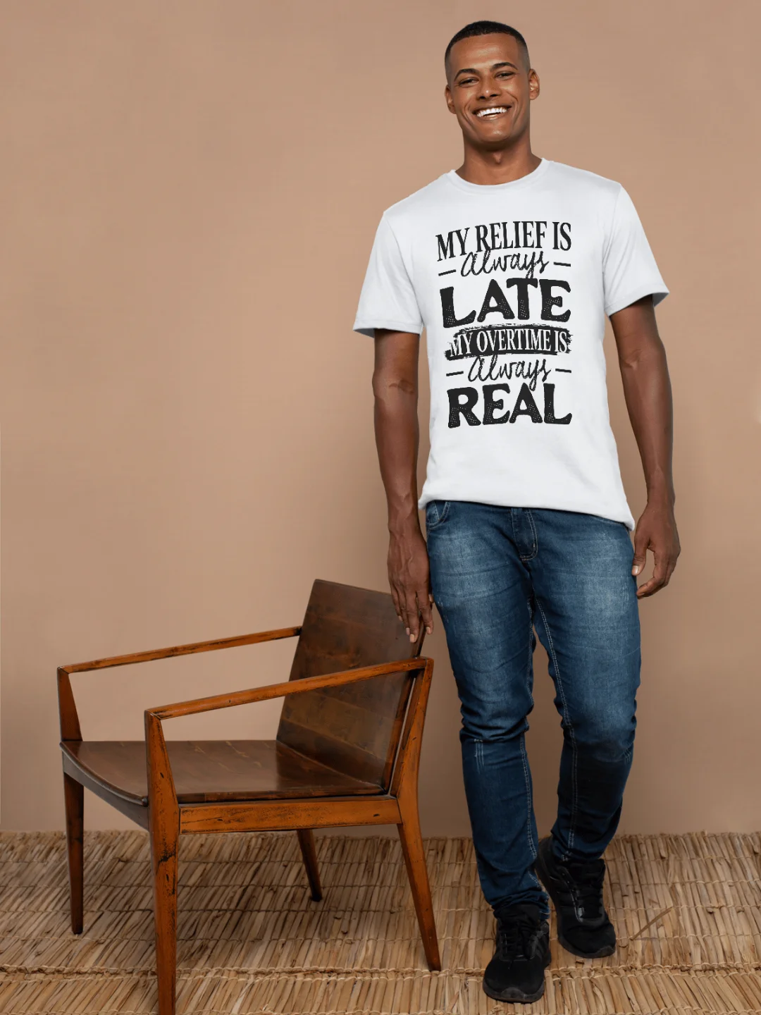 Hotel T-Shirt – My Relief is Always Late, My Overtime is Always Real (White) product image (10)