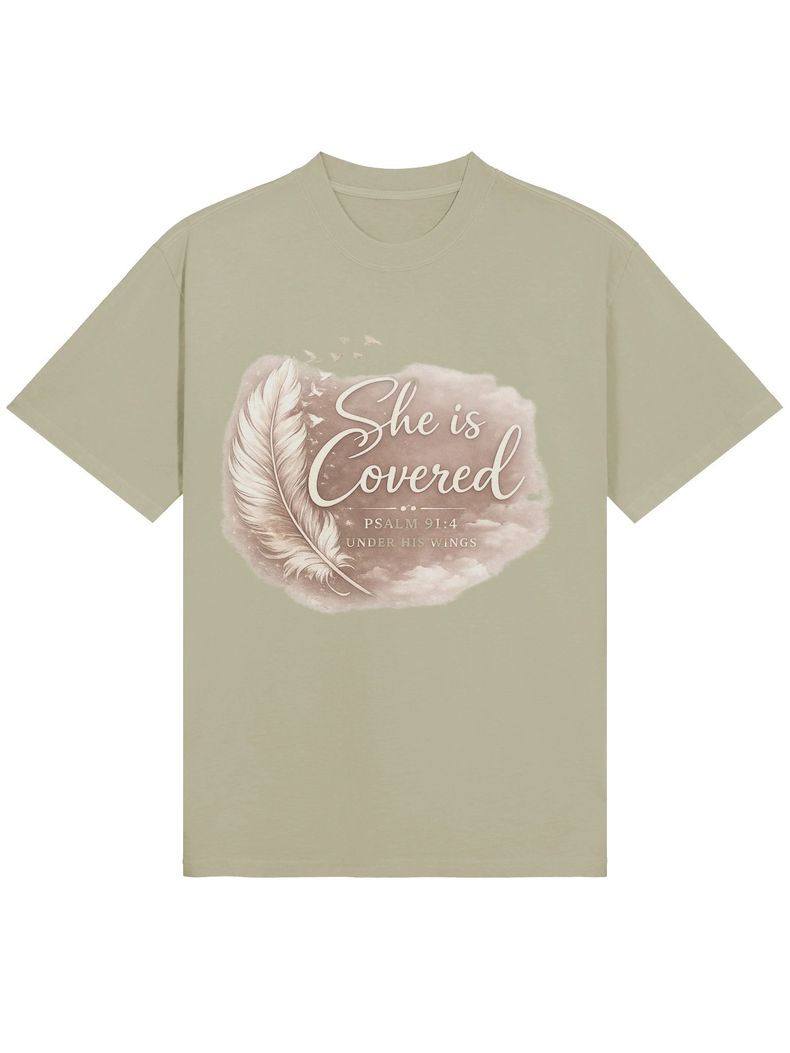 She Is Covered Oversized Tee | Psalm 91 Christian T-Shirt | Premium Heavyweight Pump Cover | Neutral Faith Apparel | Faded Eucalyptus product image (3)