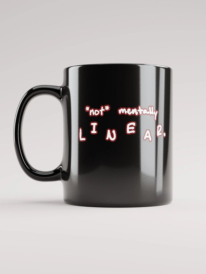 *not* mentally linear (lined design, #6D1616) glossy black mug product image (1)