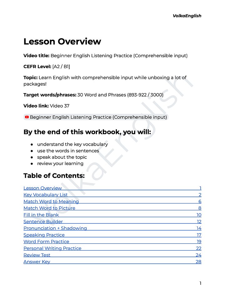 Beginner English Listening Practice (Comprehensible input) - Video 37 Study Pack product image (2)