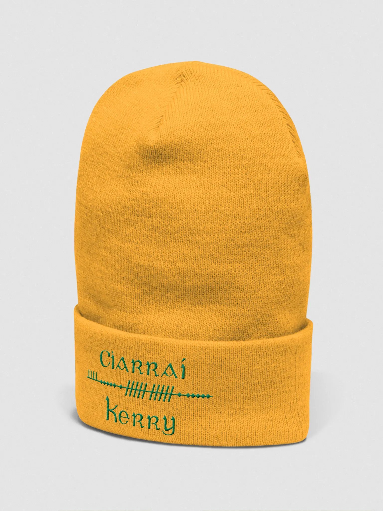 Kerry/Ciarraí Scholastic style Ogham, Gold with Green, embroidered Cuffed Beanie product image (2)