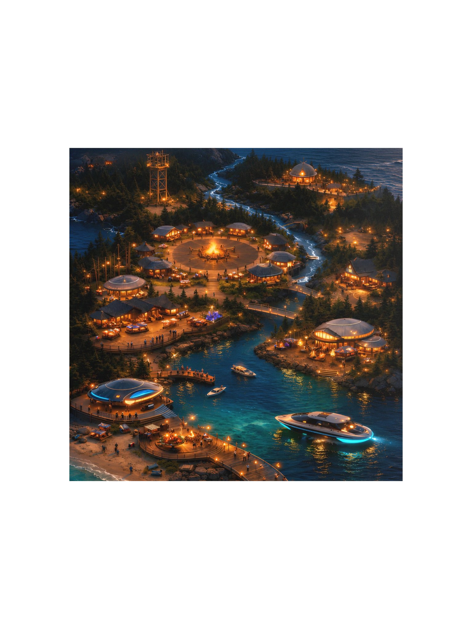 "Solara Bay Fantasy Village Poster - Neon Night Coastal Town Wall Art" product image (2)