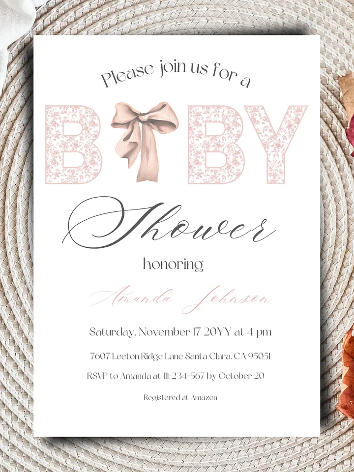 Minimalist Pink Bow Toile de Jouy Baby Shower Invitation, Chinoiserie Floral Themed Girl Baby Shower Invite for Digital Download product image (1)
