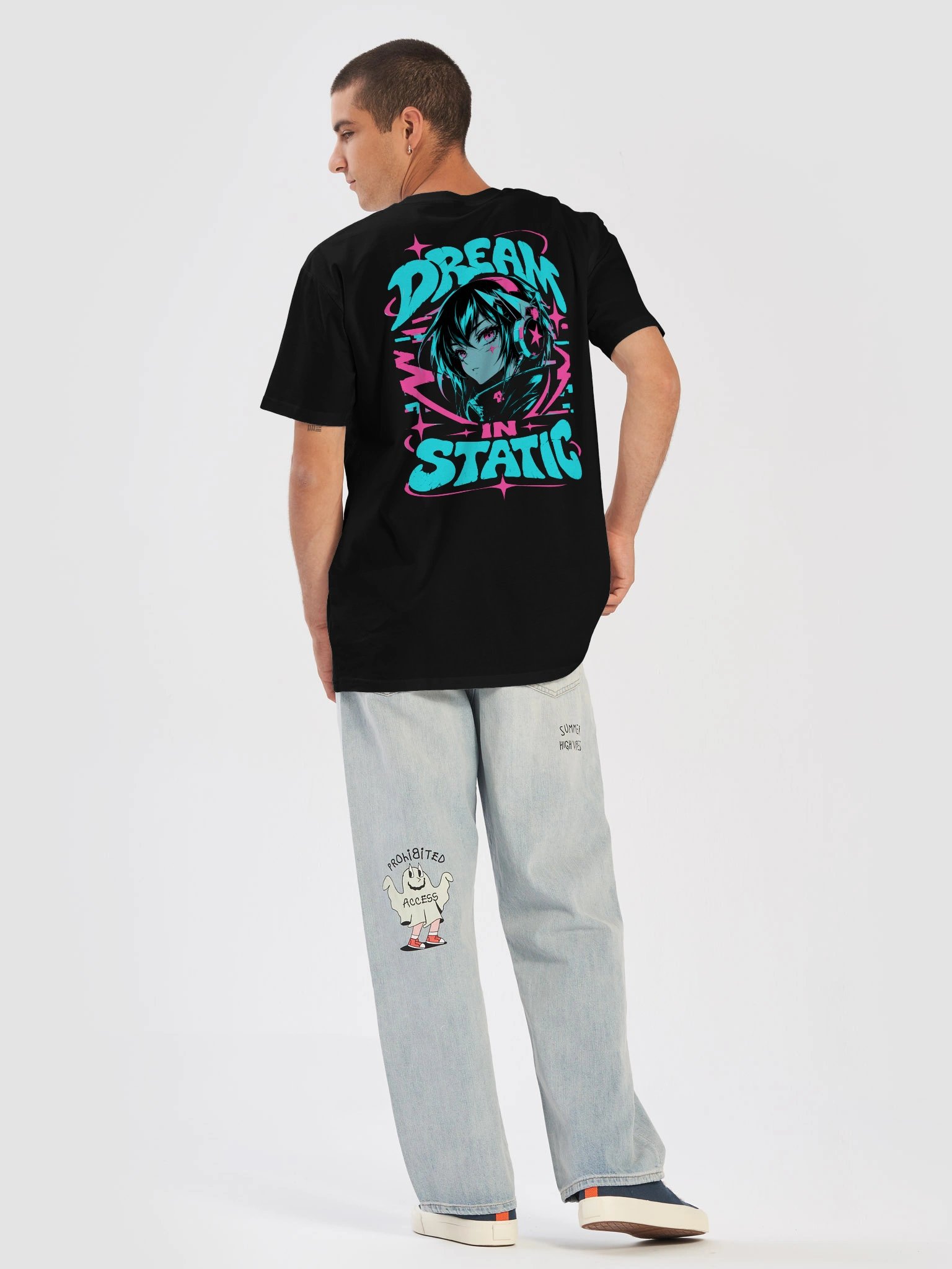 Dream In Static Cyberpunk Anime Girl T-Shirt | Y2K Aesthetic Back Print Tee product image (2)