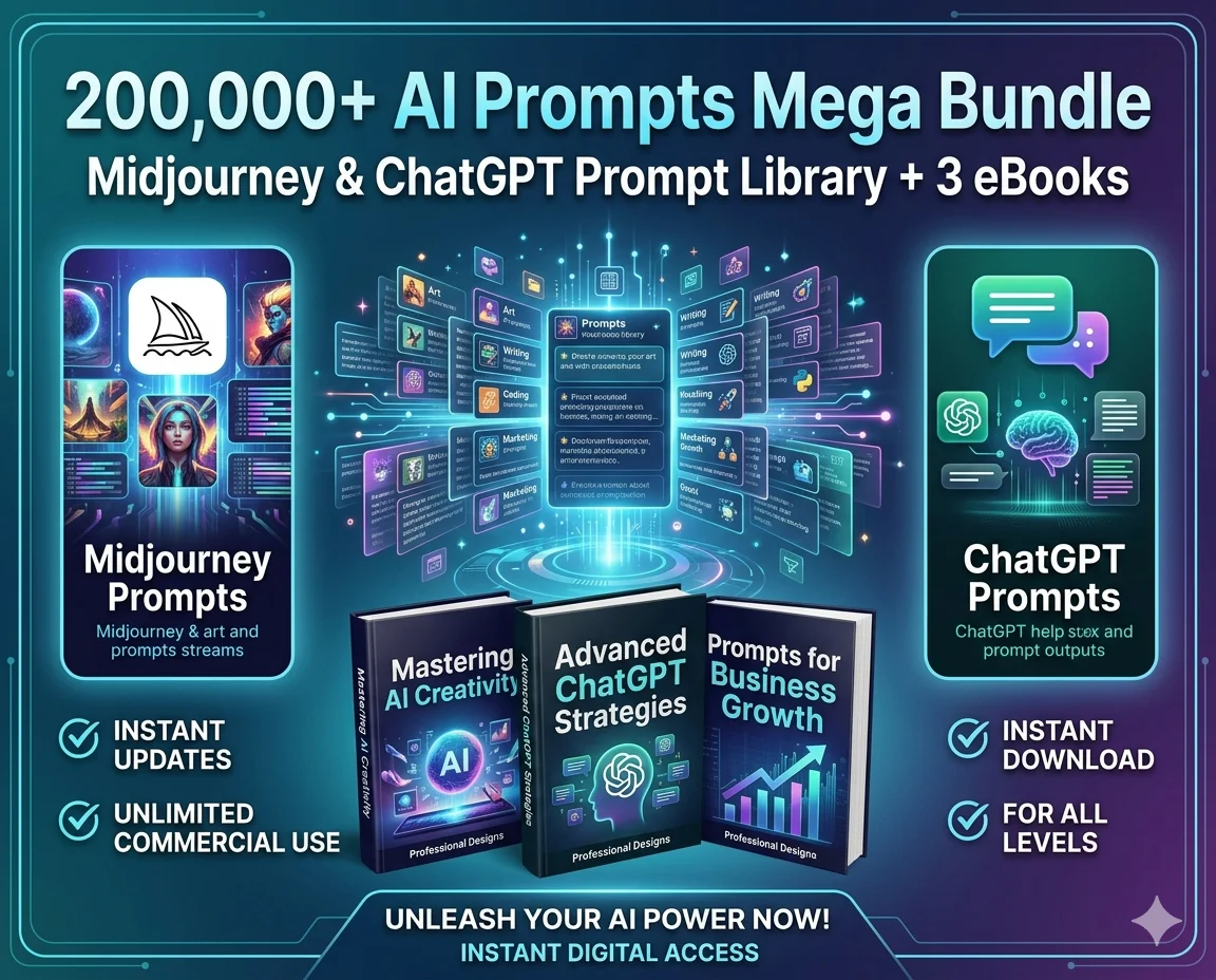 200,000+ AI Prompts Mega Bundle | Midjourney & ChatGPT Prompt Library + 3 eBooks product image (1)