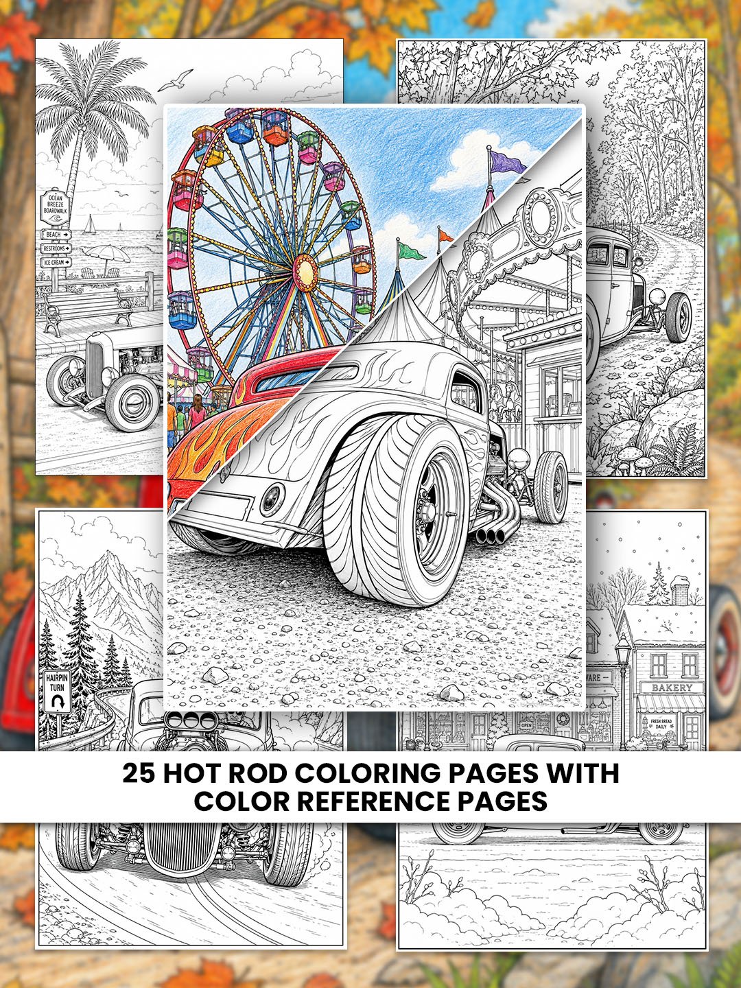 Hot Rod Coloring Pages Printable | 25 Classic Hot Rod Coloring Book for Adults | 25 Color Reference Pages Included product image (1)
