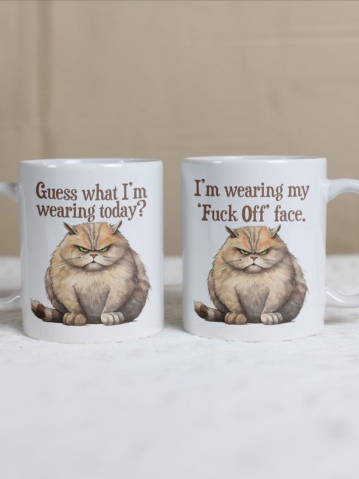 Cat Chat: "Guess what I'm wearing today? ... I'm wearing my Fuck Off face." White glossy mug product image (1)